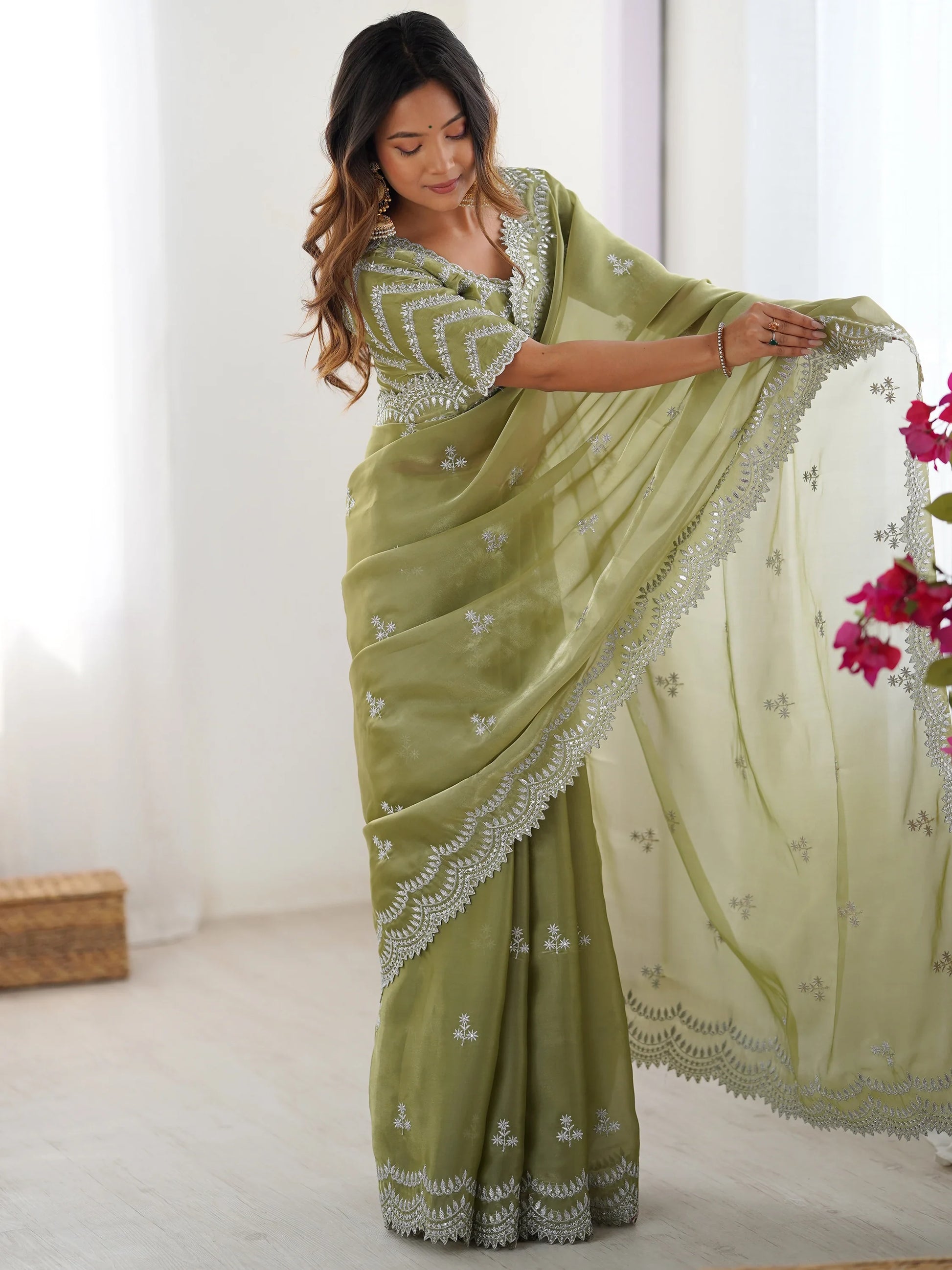 Pretty Pista Green Thread Work Organza Event Wear Saree With Blouse - Zeel Clothing