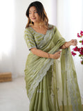 Pretty Pista Green Thread Work Organza Event Wear Saree With Blouse - Zeel Clothing