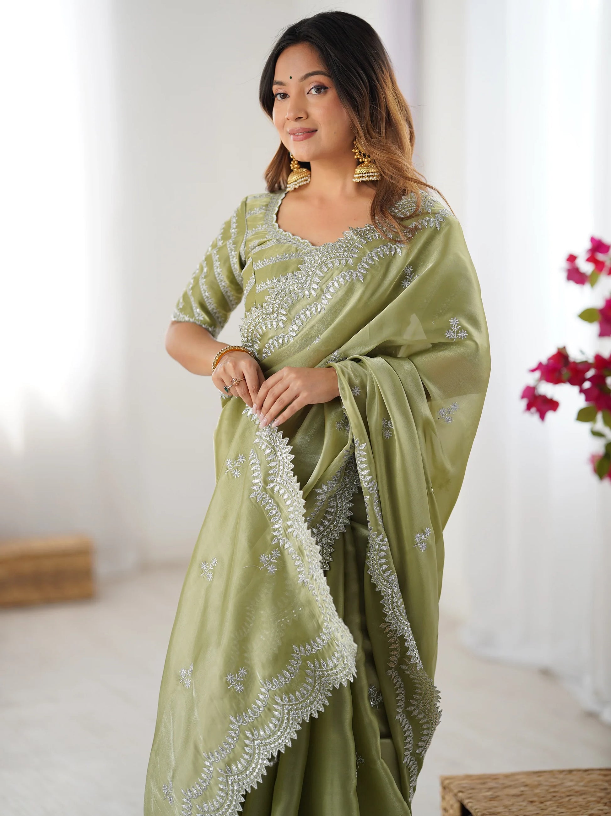 Pretty Pista Green Thread Work Organza Event Wear Saree With Blouse - Zeel Clothing