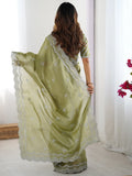Pretty Pista Green Thread Work Organza Event Wear Saree With Blouse - Zeel Clothing