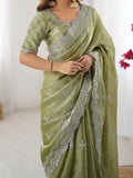 Pretty Pista Green Thread Work Organza Event Wear Saree With Blouse - Zeel Clothing