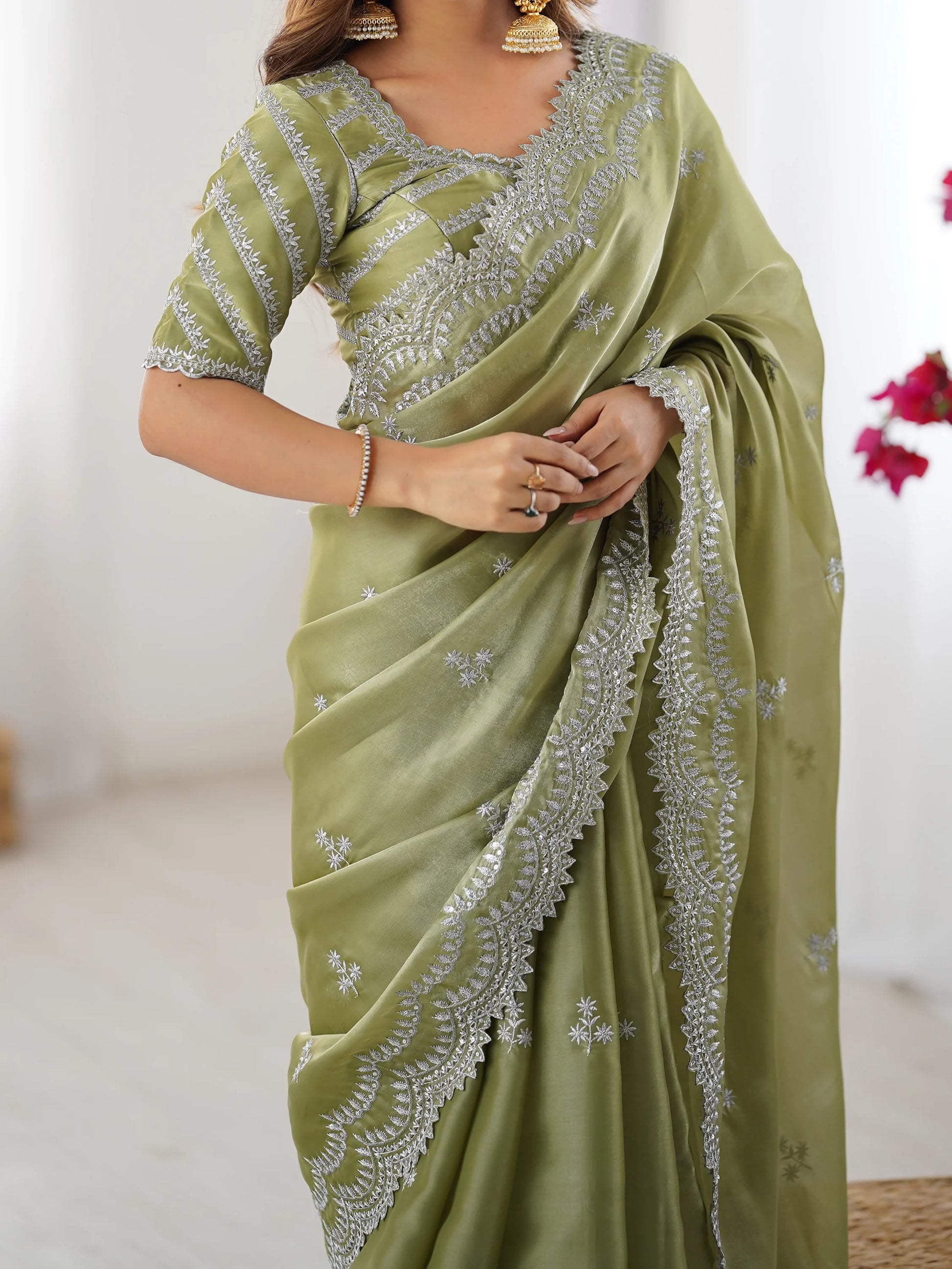 Pretty Pista Green Thread Work Organza Event Wear Saree With Blouse - Zeel Clothing