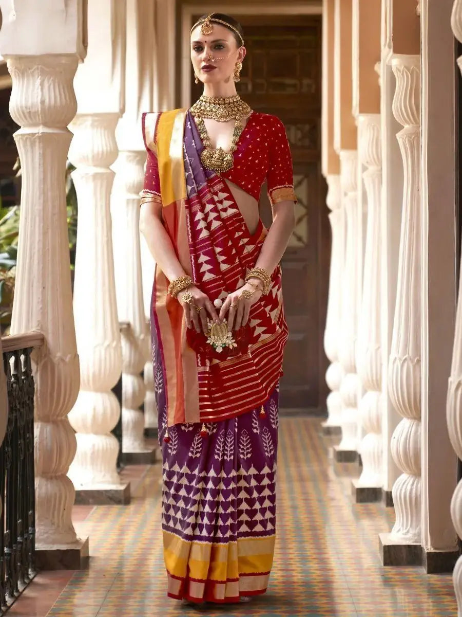 Pretty Purple Digital Printed Patola Silk Wedding Wear Saree - Zeel Clothing