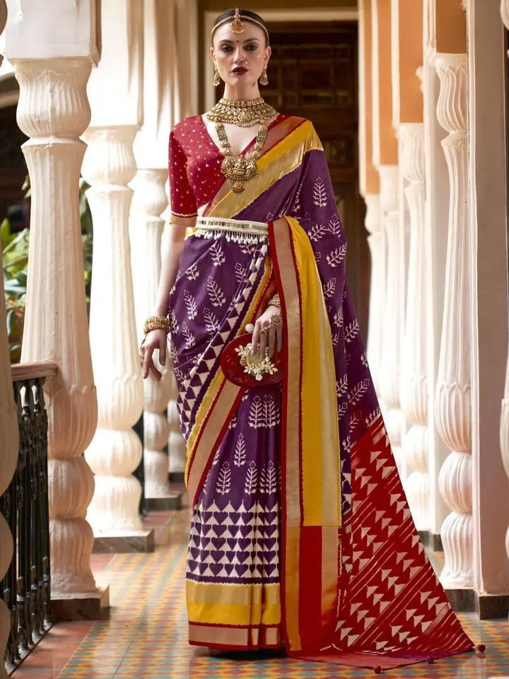 Pretty Purple Digital Printed Patola Silk Wedding Wear Saree - Zeel Clothing