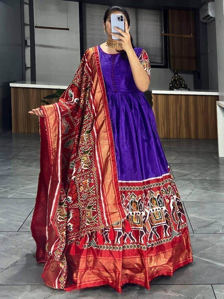 Pretty Purple Patola Printed Silk Festive Wear Gown With Dupatta - Zeel Clothing