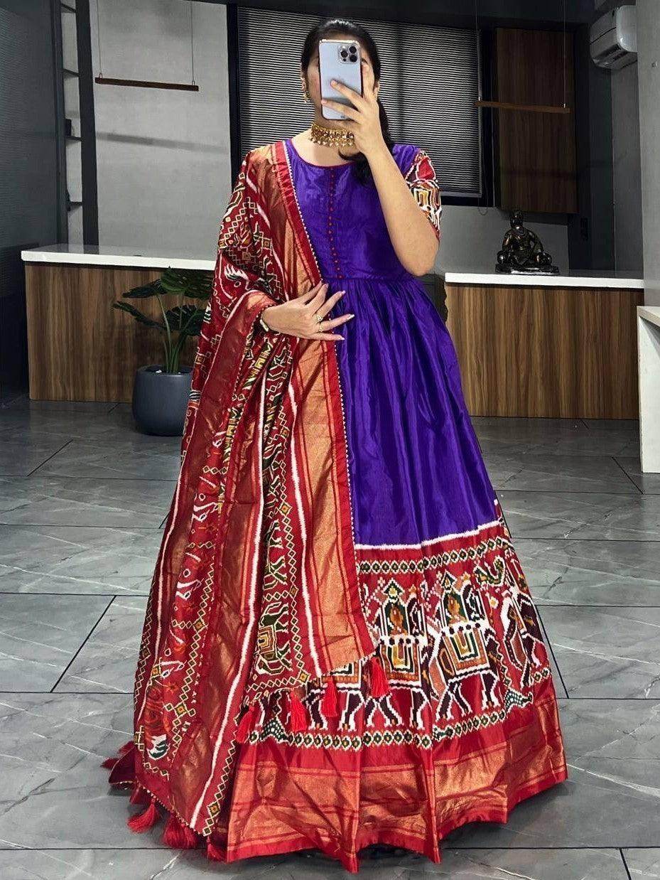 Pretty Purple Patola Printed Silk Festive Wear Gown With Dupatta - Zeel Clothing