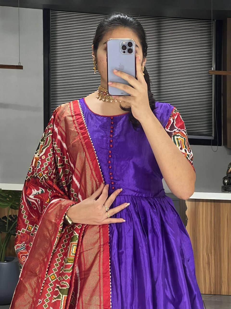 Pretty Purple Patola Printed Silk Festive Wear Gown With Dupatta - Zeel Clothing
