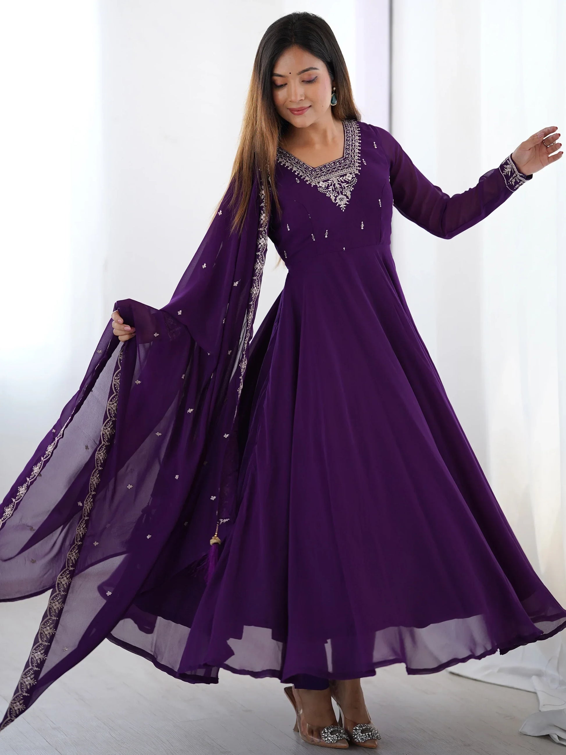 Pretty Purple Zari Work Georgette Event Wear Pant Suit With Dupatta - Zeel Clothing