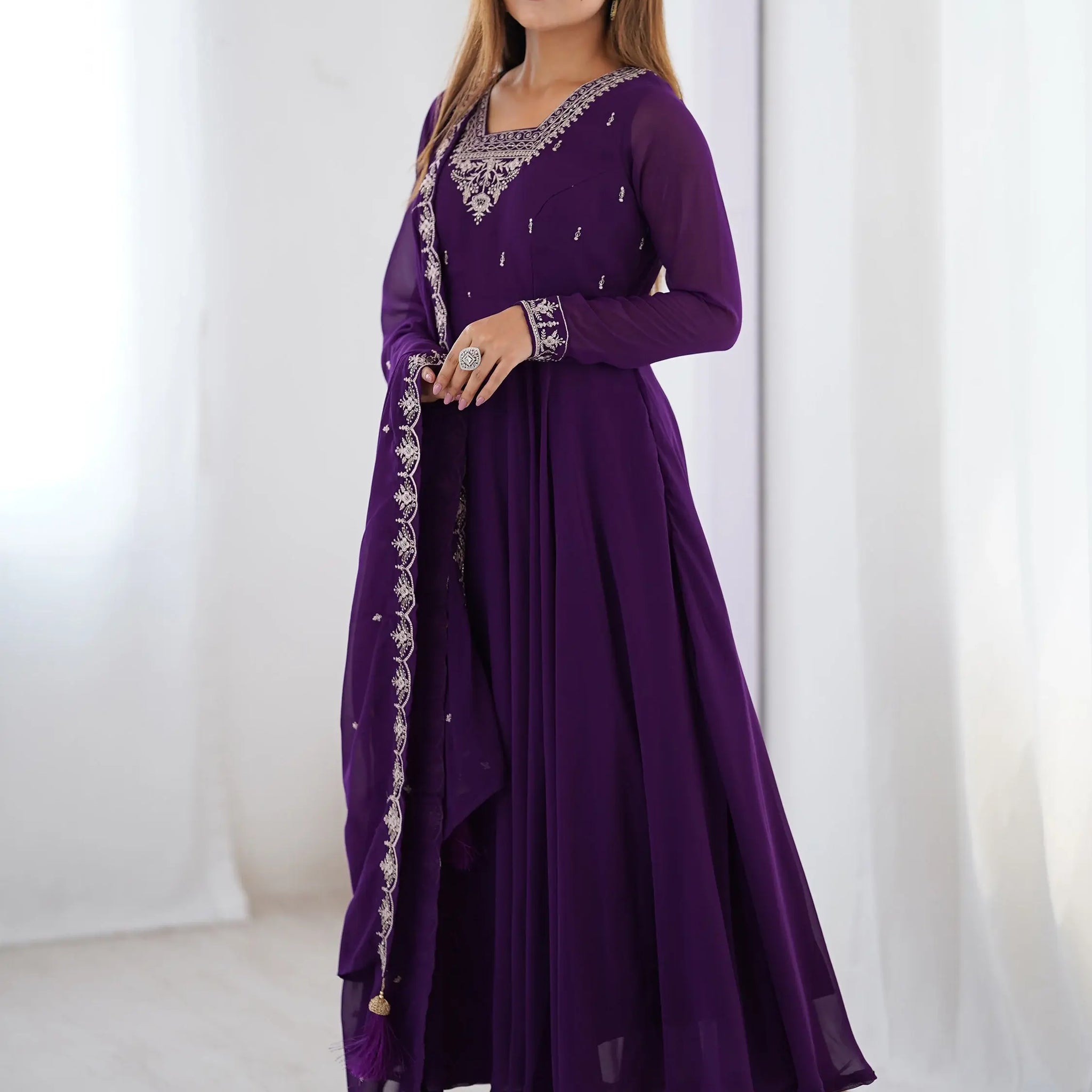 Pretty Purple Zari Work Georgette Event Wear Pant Suit With Dupatta - Zeel Clothing
