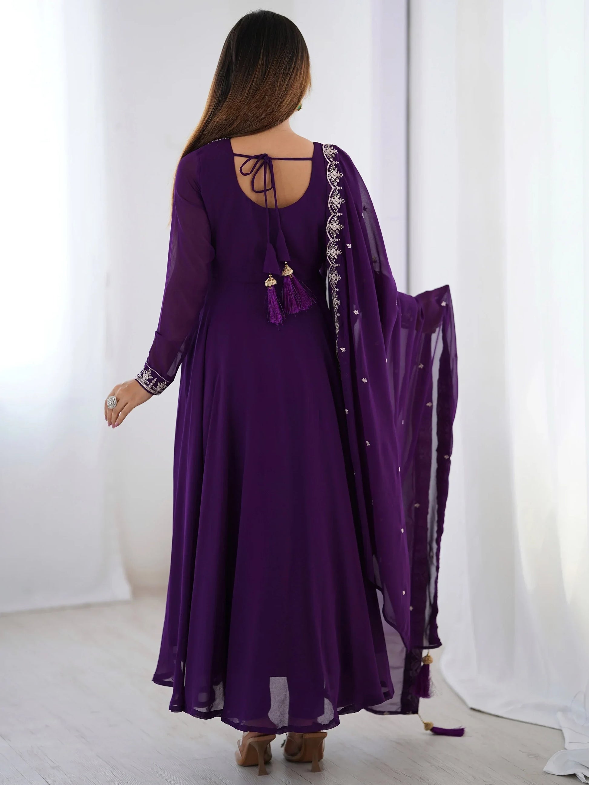 Pretty Purple Zari Work Georgette Event Wear Pant Suit With Dupatta - Zeel Clothing