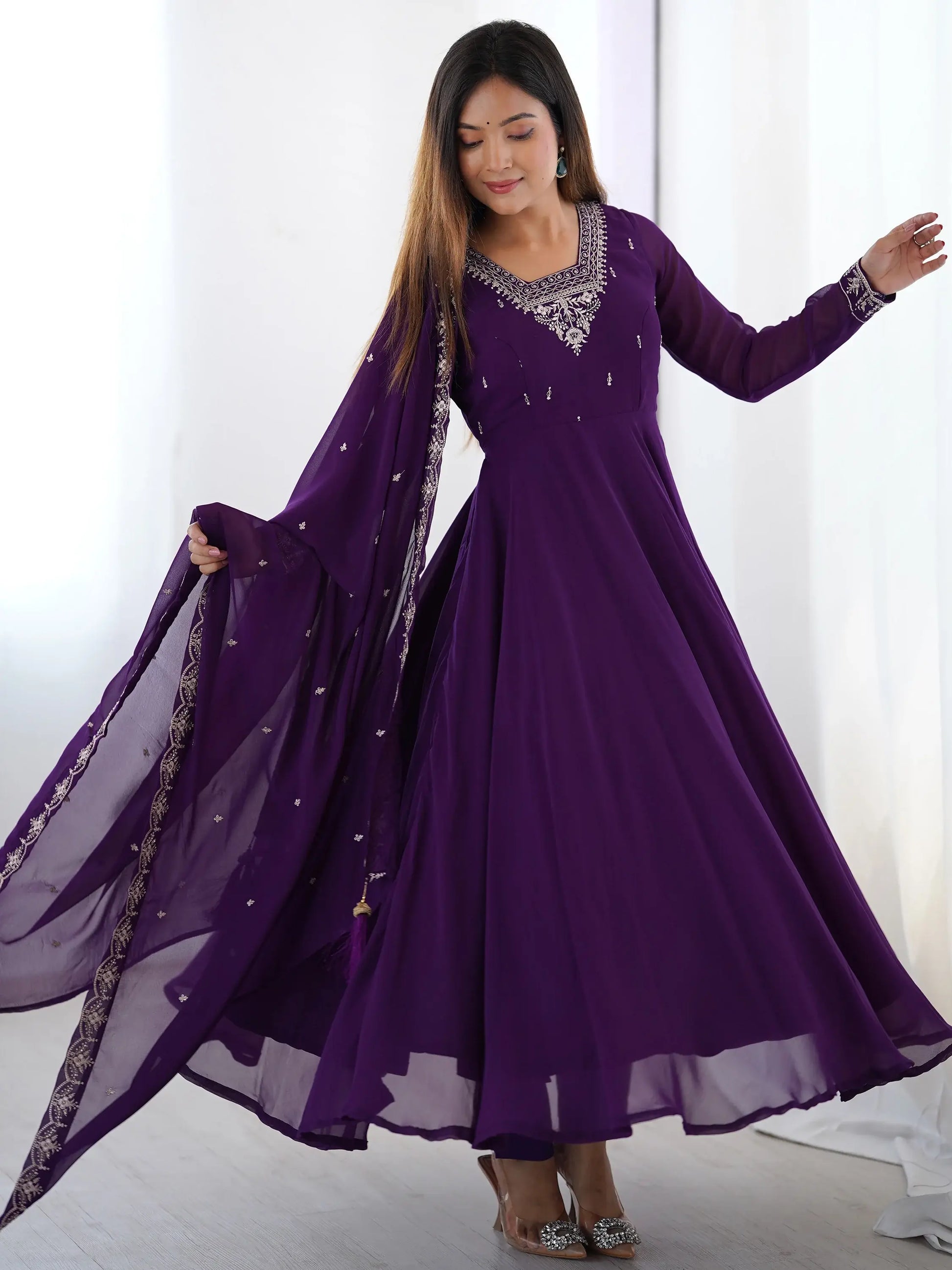 Pretty Purple Zari Work Georgette Event Wear Pant Suit With Dupatta - Zeel Clothing