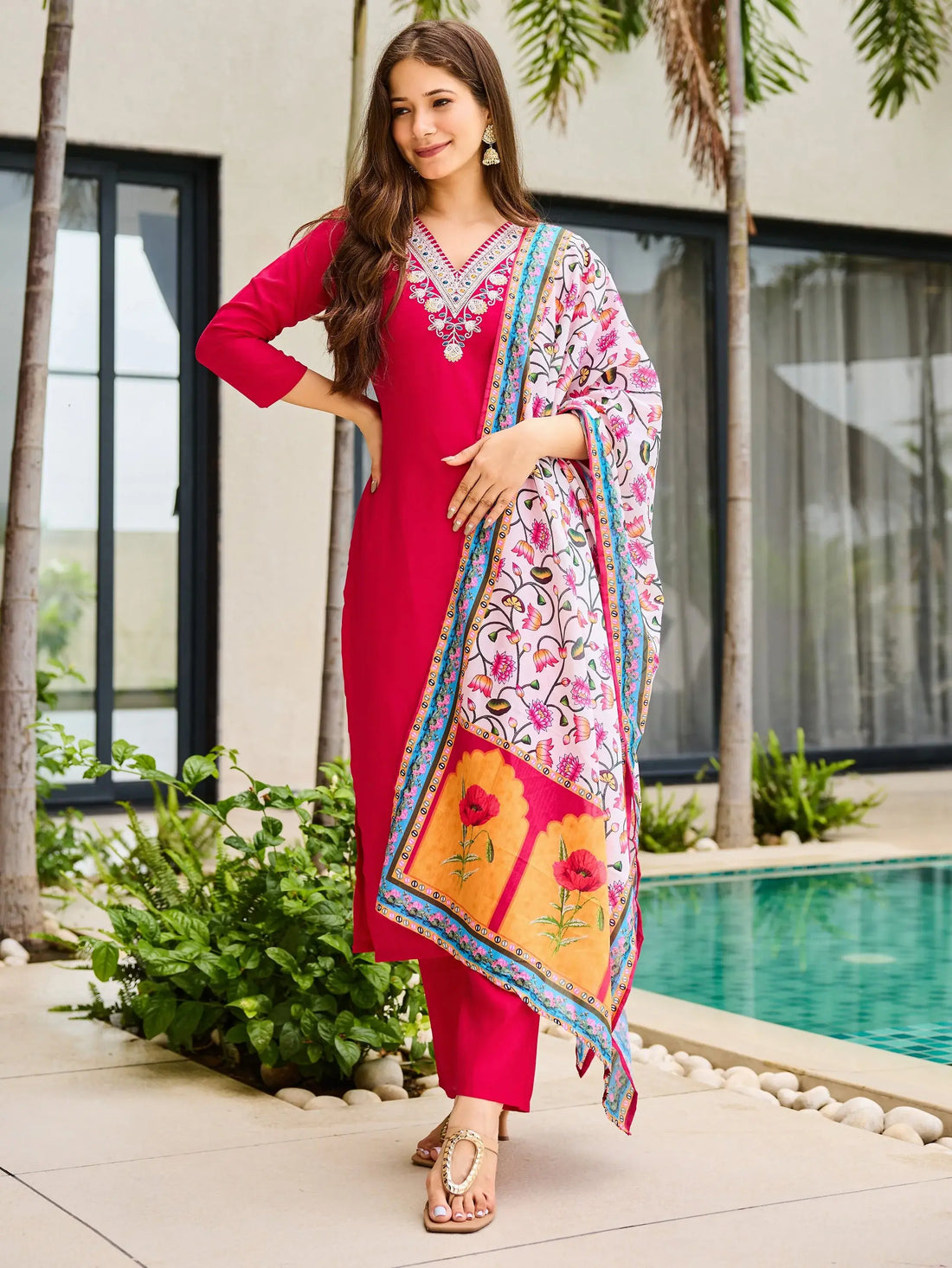 Pretty Rani Pink Embroidered Rayon Function Wear Pant Suit With Dupatta - Zeel Clothing