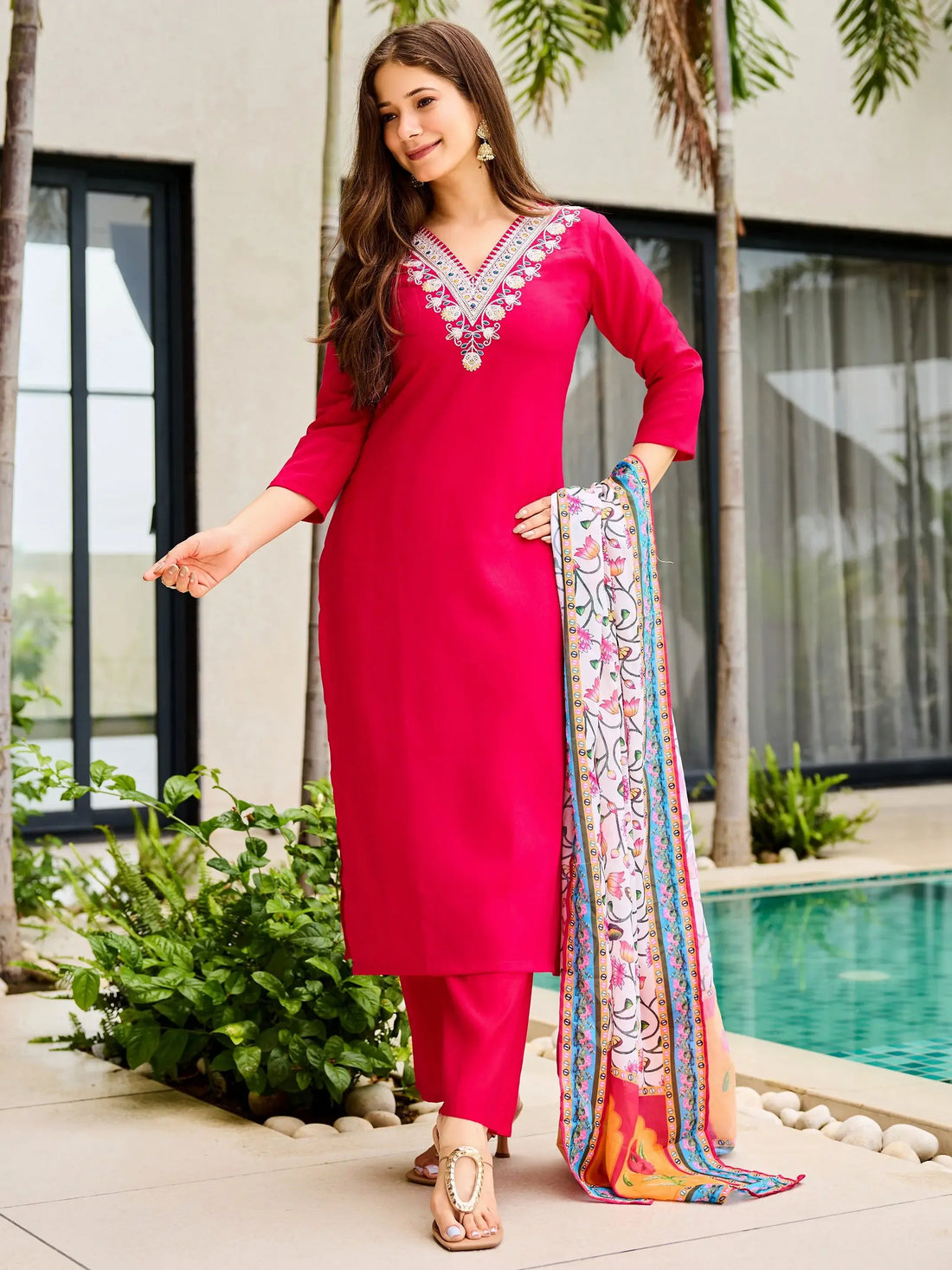 Pretty Rani Pink Embroidered Rayon Function Wear Pant Suit With Dupatta - Zeel Clothing