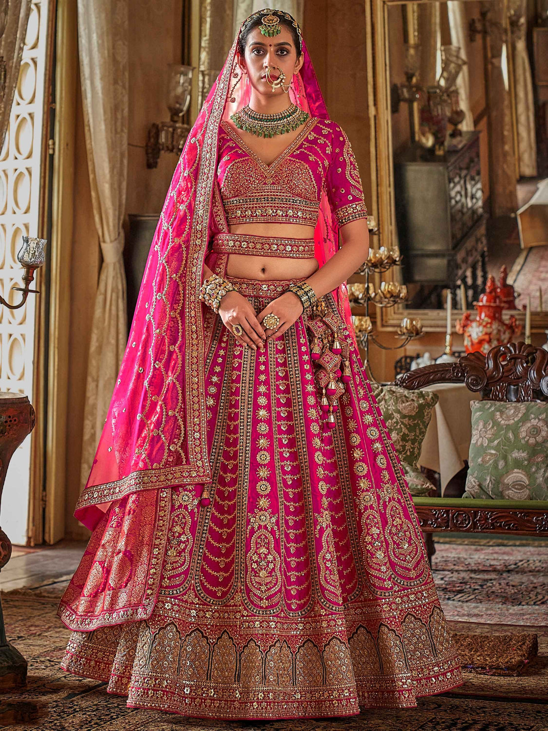 Pretty Rani Pink Sequins Silk Bridal Lehenga Choli With Double Dupatta