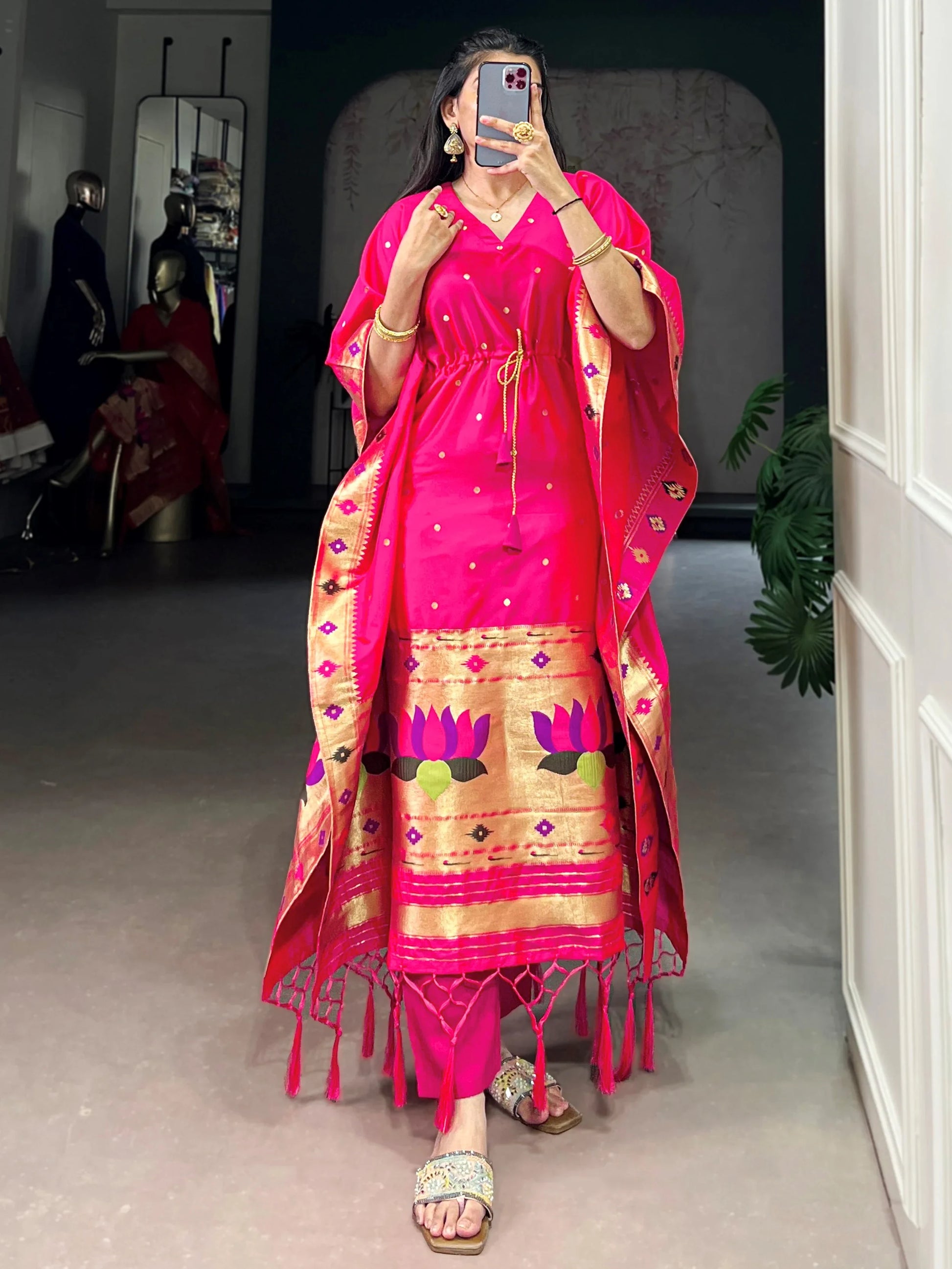 Pretty Rani Pink Zari Weaving Jacquard Wedding Wear Kaftan