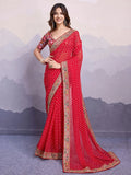 Pretty Red Embroidered Border Georgette Wedding Wear Saree With Blouse - Zeel Clothing