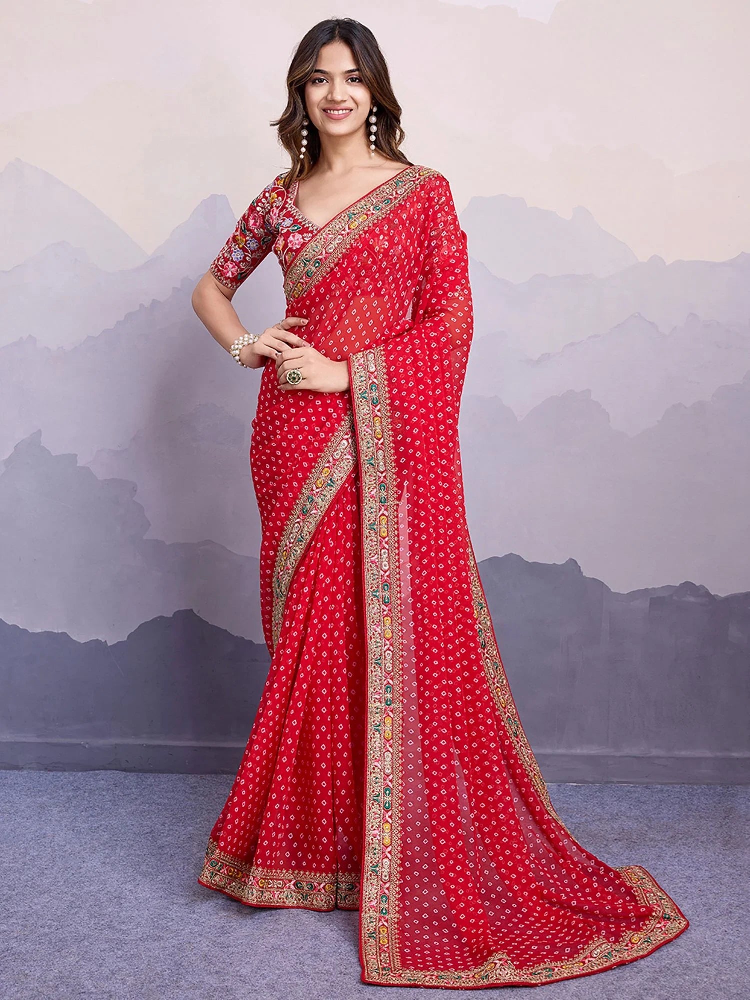 Pretty Red Embroidered Border Georgette Wedding Wear Saree With Blouse - Zeel Clothing