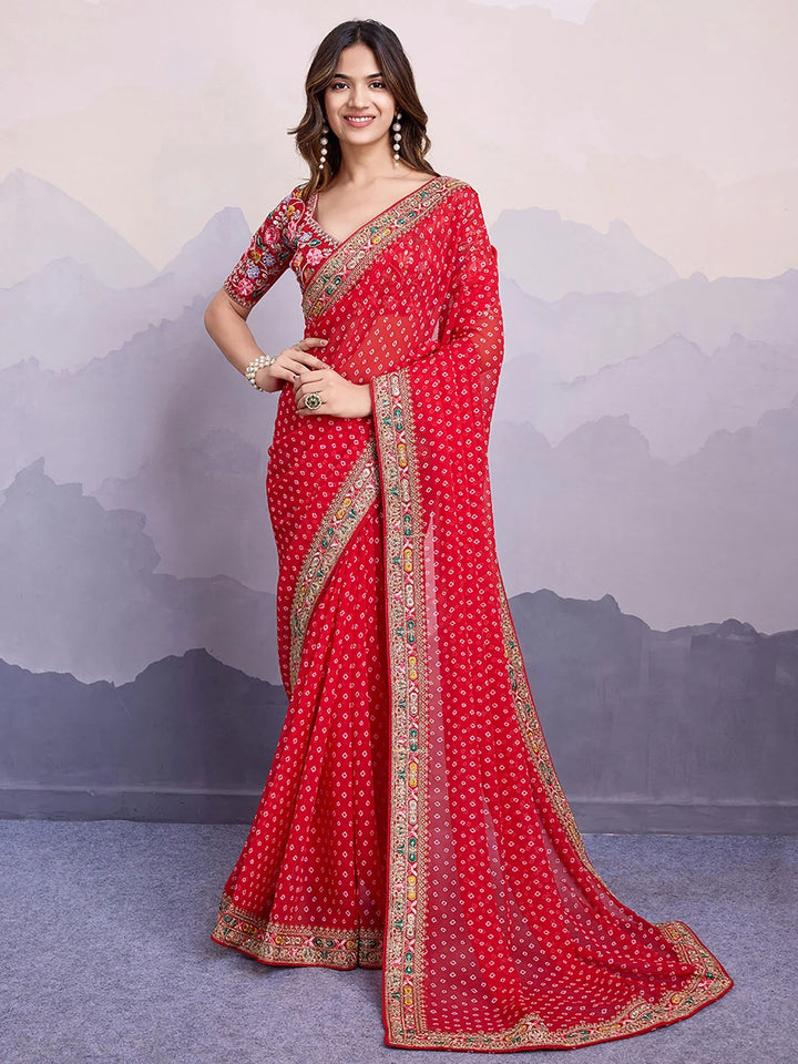 Pretty Red Embroidered Border Georgette Wedding Wear Saree With Blouse - Zeel Clothing