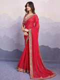Pretty Red Embroidered Border Georgette Wedding Wear Saree With Blouse - Zeel Clothing