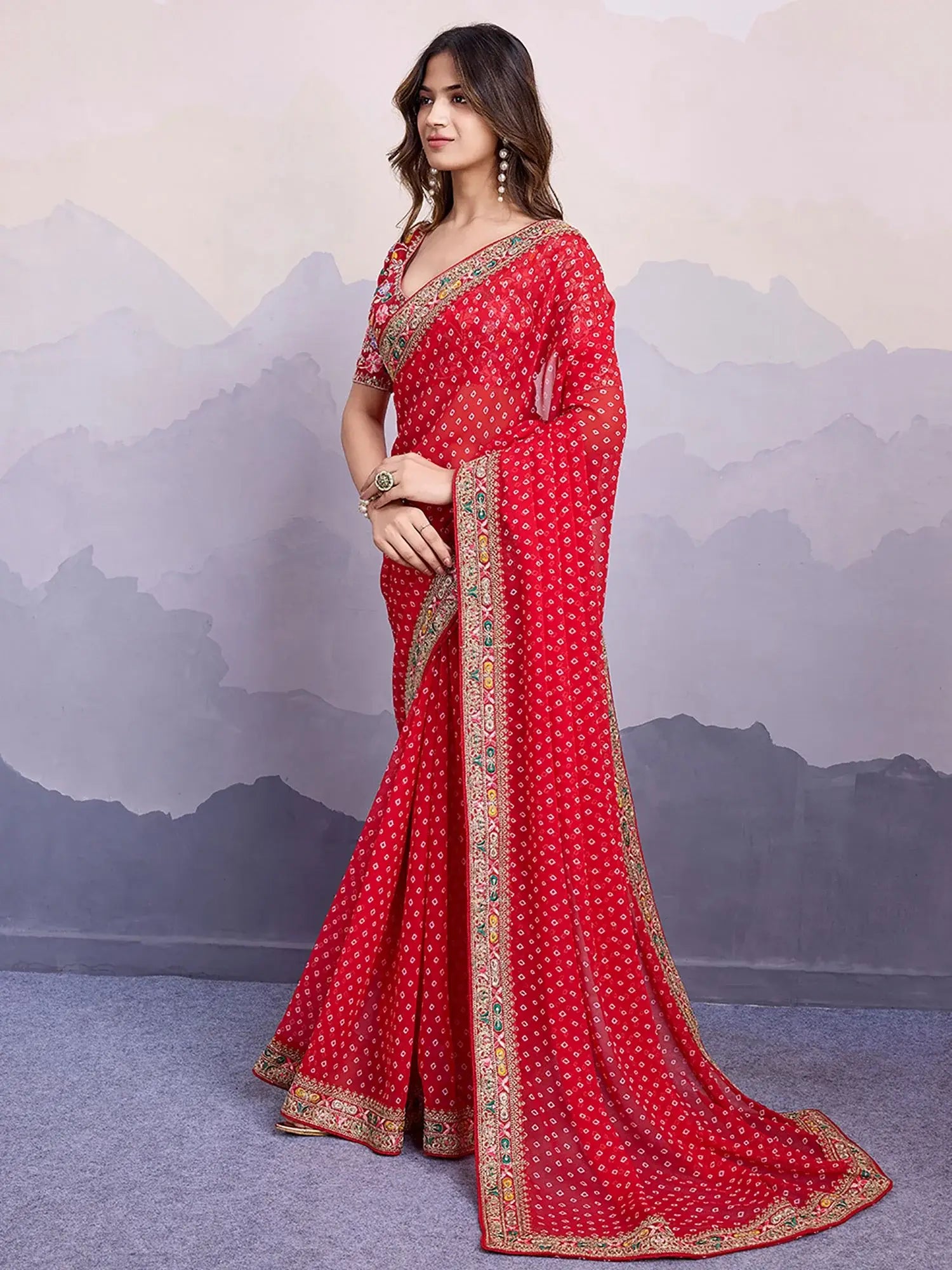 Pretty Red Embroidered Border Georgette Wedding Wear Saree With Blouse - Zeel Clothing