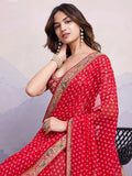 Pretty Red Embroidered Border Georgette Wedding Wear Saree With Blouse - Zeel Clothing