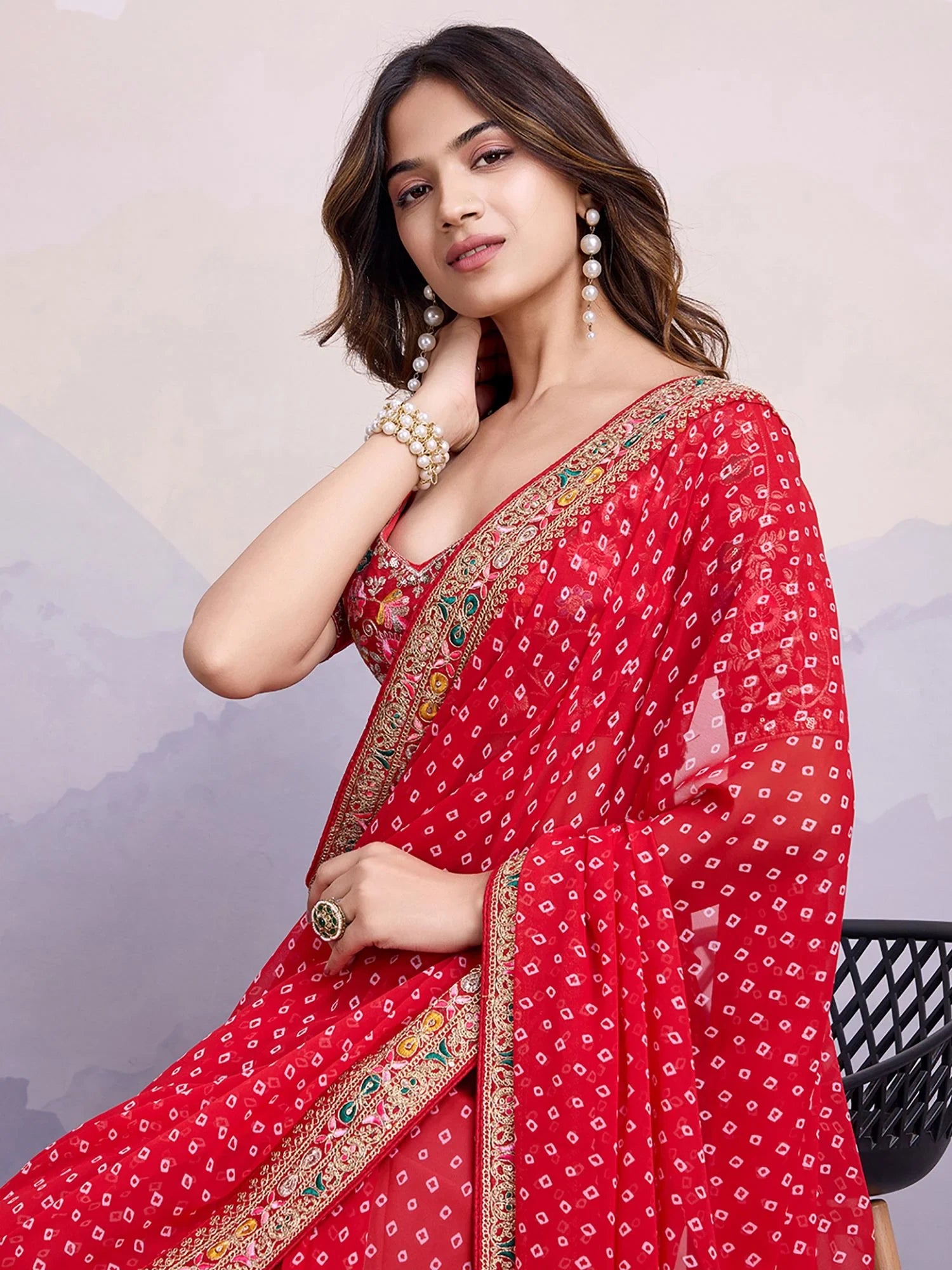 Pretty Red Embroidered Border Georgette Wedding Wear Saree With Blouse - Zeel Clothing