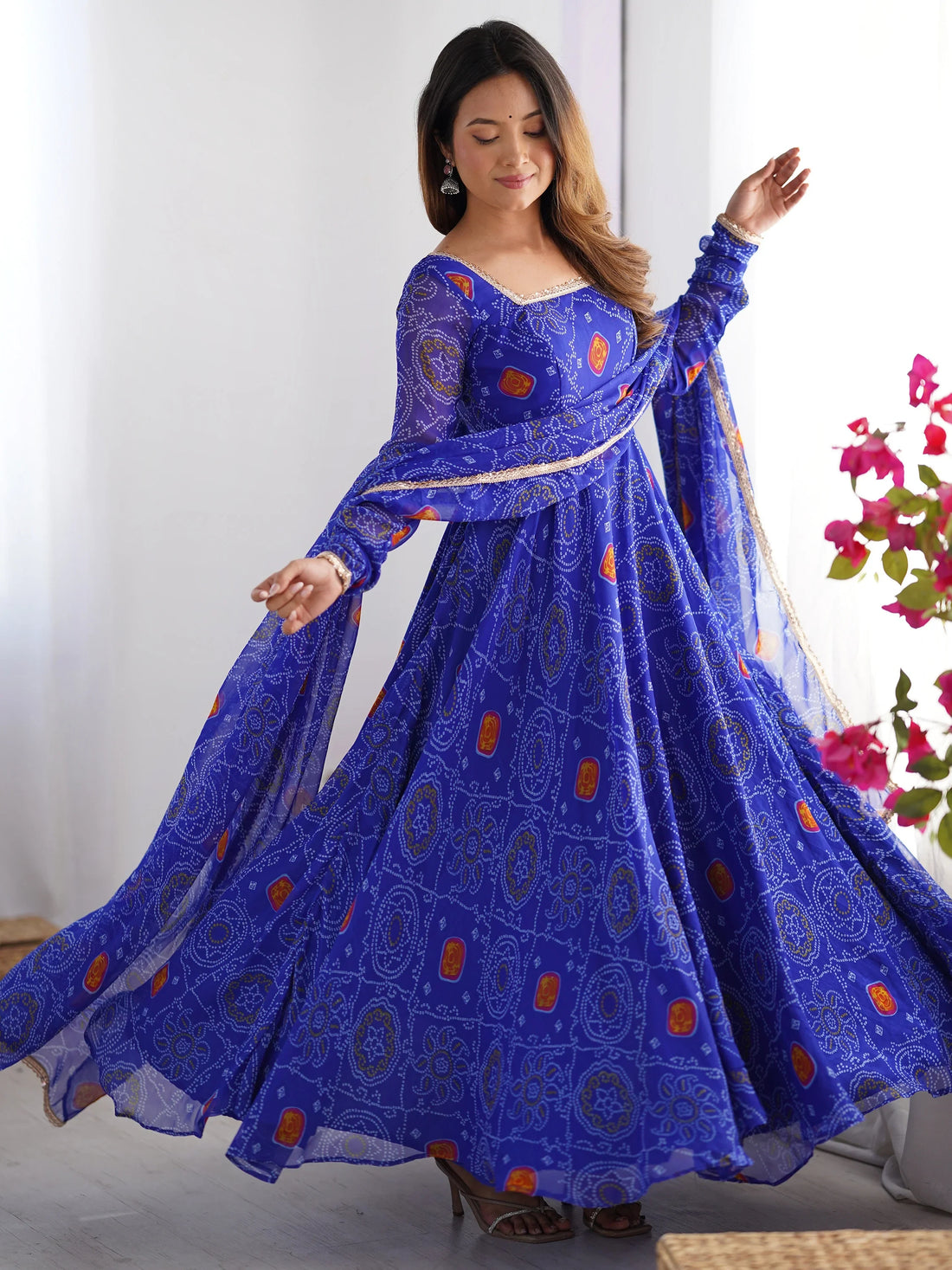 Pretty Royal Blue Bandhani Printed Georgette Festival Wear Anarkali Suit - Zeel Clothing
