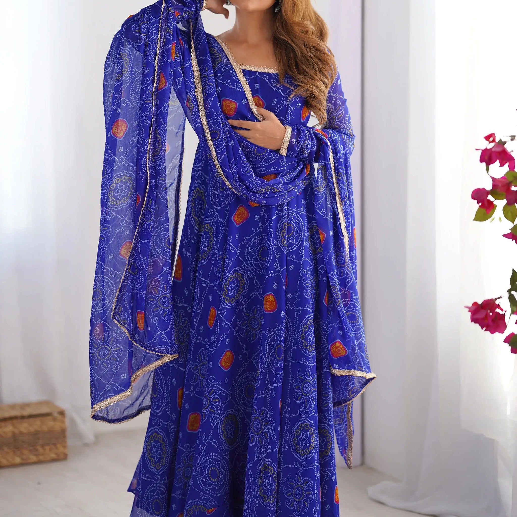 Pretty Royal Blue Bandhani Printed Georgette Festival Wear Anarkali Suit - Zeel Clothing