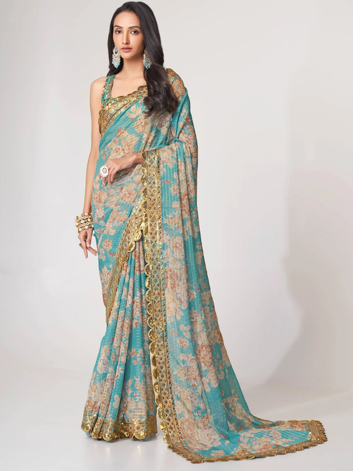 Pretty Sky Blue Floral Print Organza Festival Wear Saree With Blouse - Zeel Clothing