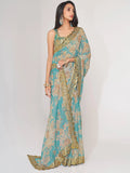 Pretty Sky Blue Floral Print Organza Festival Wear Saree With Blouse - Zeel Clothing