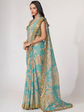 Pretty Sky Blue Floral Print Organza Festival Wear Saree With Blouse - Zeel Clothing