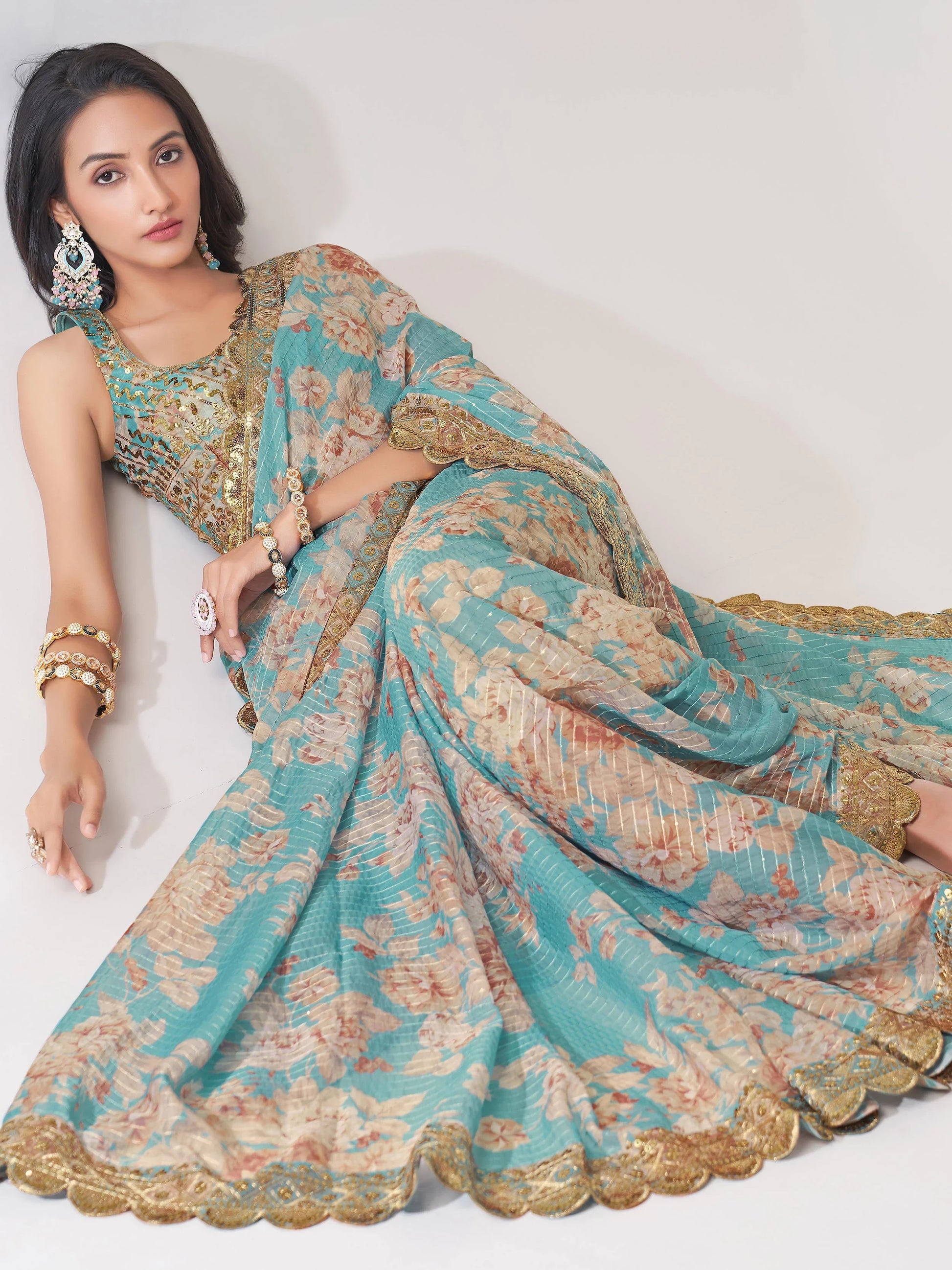 Pretty Sky Blue Floral Print Organza Festival Wear Saree With Blouse - Zeel Clothing