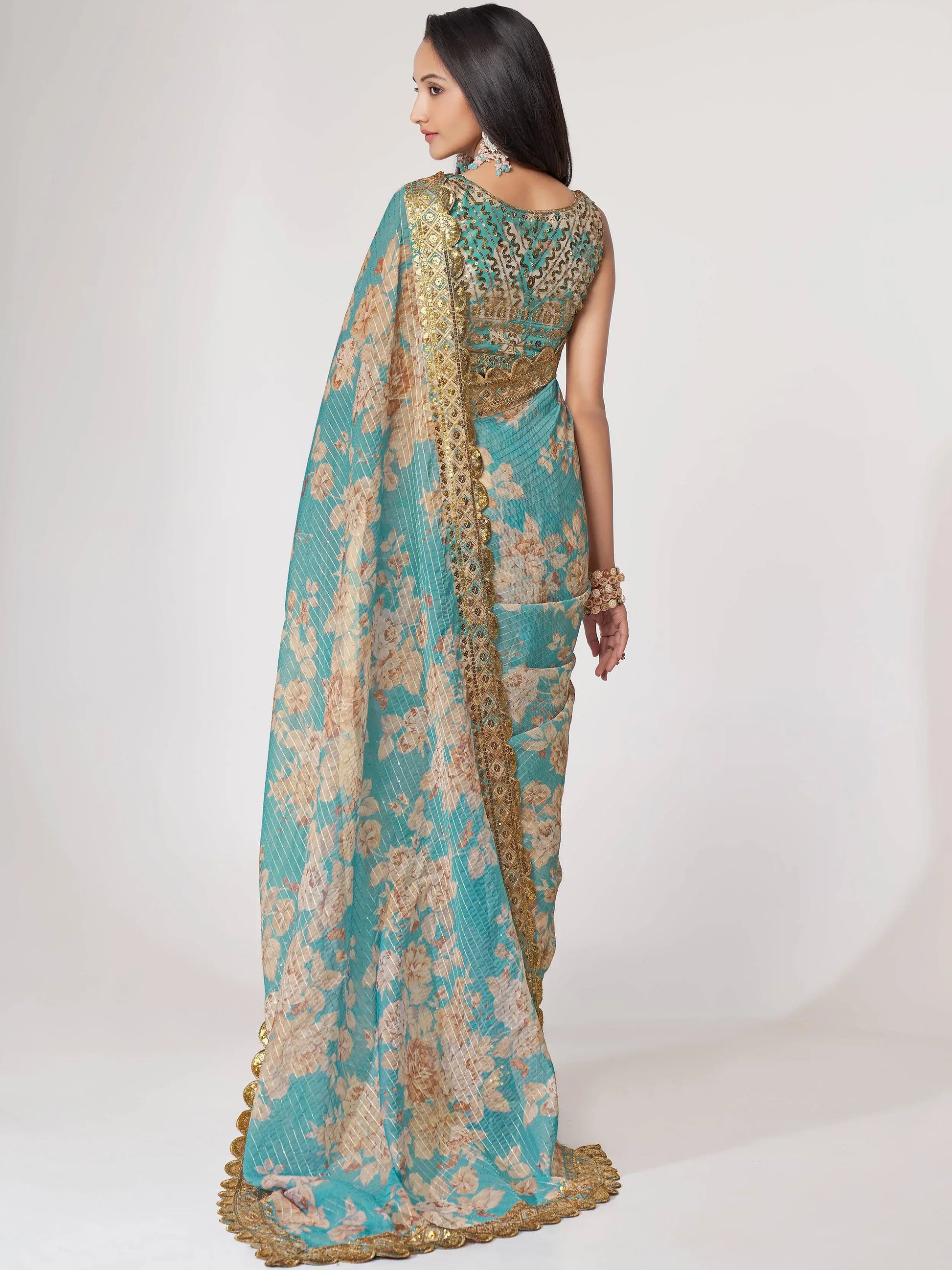 Pretty Sky Blue Floral Print Organza Festival Wear Saree With Blouse - Zeel Clothing