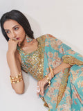 Pretty Sky Blue Floral Print Organza Festival Wear Saree With Blouse - Zeel Clothing