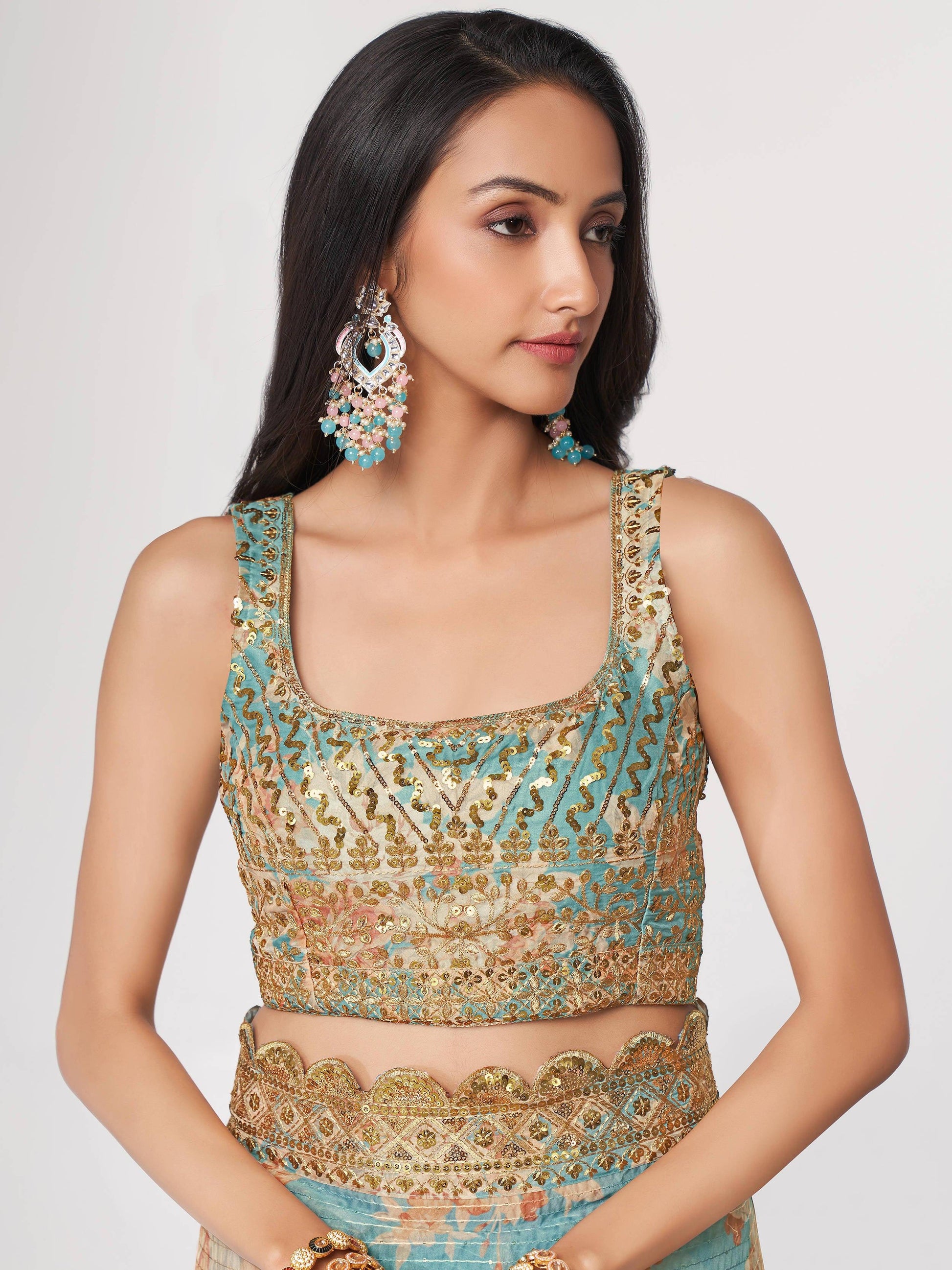 Pretty Sky Blue Floral Print Organza Festival Wear Saree With Blouse - Zeel Clothing