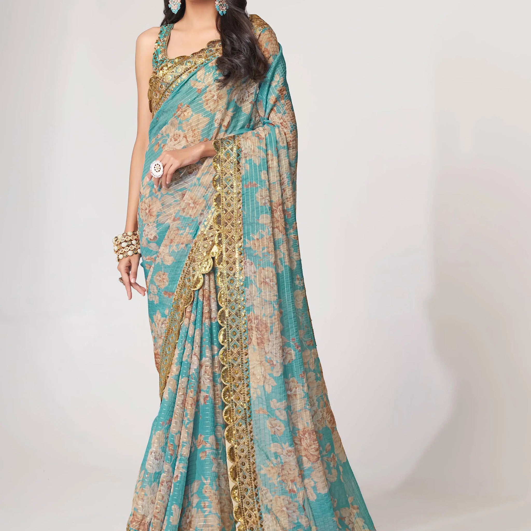 Pretty Sky Blue Floral Print Organza Festival Wear Saree With Blouse - Zeel Clothing