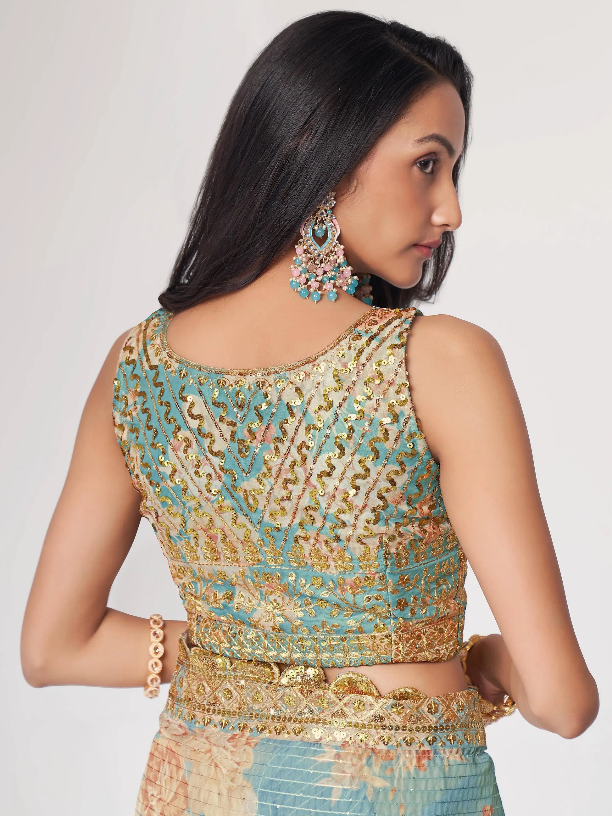 Pretty Sky Blue Floral Print Organza Festival Wear Saree With Blouse - Zeel Clothing