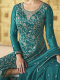Pretty Teal Blue Embroidered Soft Silk Palazzo Suit - Zeel Clothing