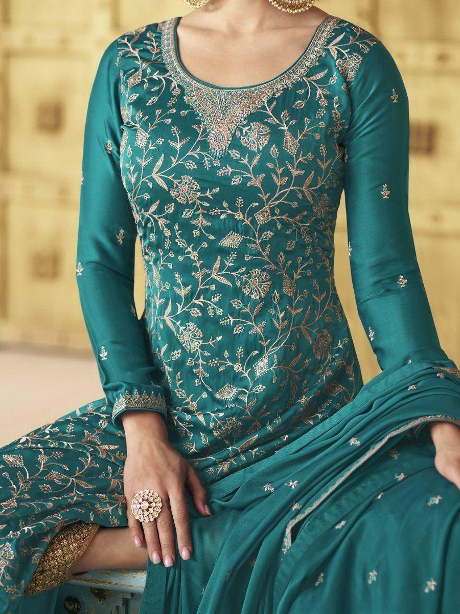 Pretty Teal Blue Embroidered Soft Silk Palazzo Suit - Zeel Clothing