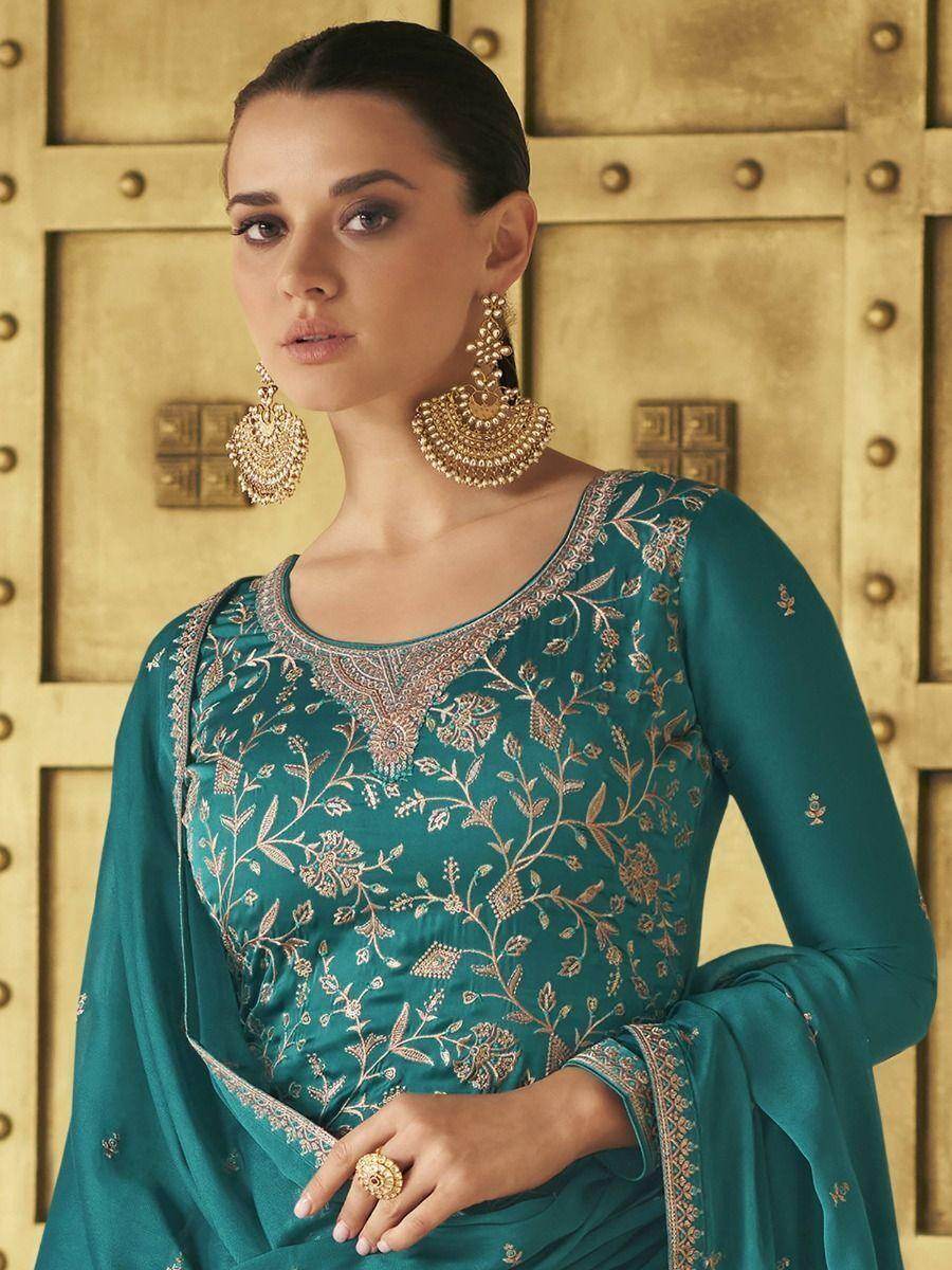 Pretty Teal Blue Embroidered Soft Silk Palazzo Suit - Zeel Clothing