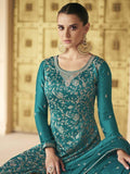 Pretty Teal Blue Embroidered Soft Silk Palazzo Suit - Zeel Clothing