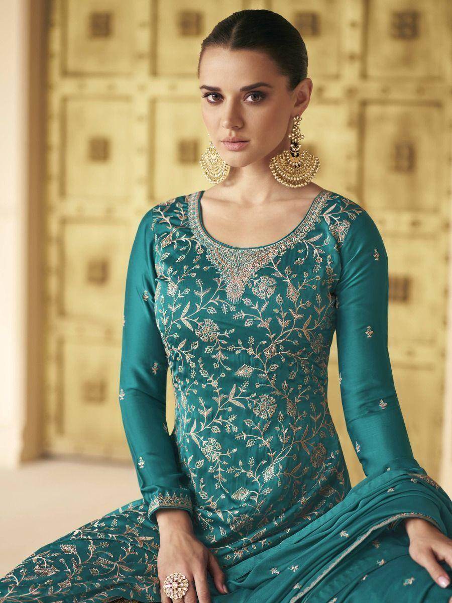 Pretty Teal Blue Embroidered Soft Silk Palazzo Suit - Zeel Clothing
