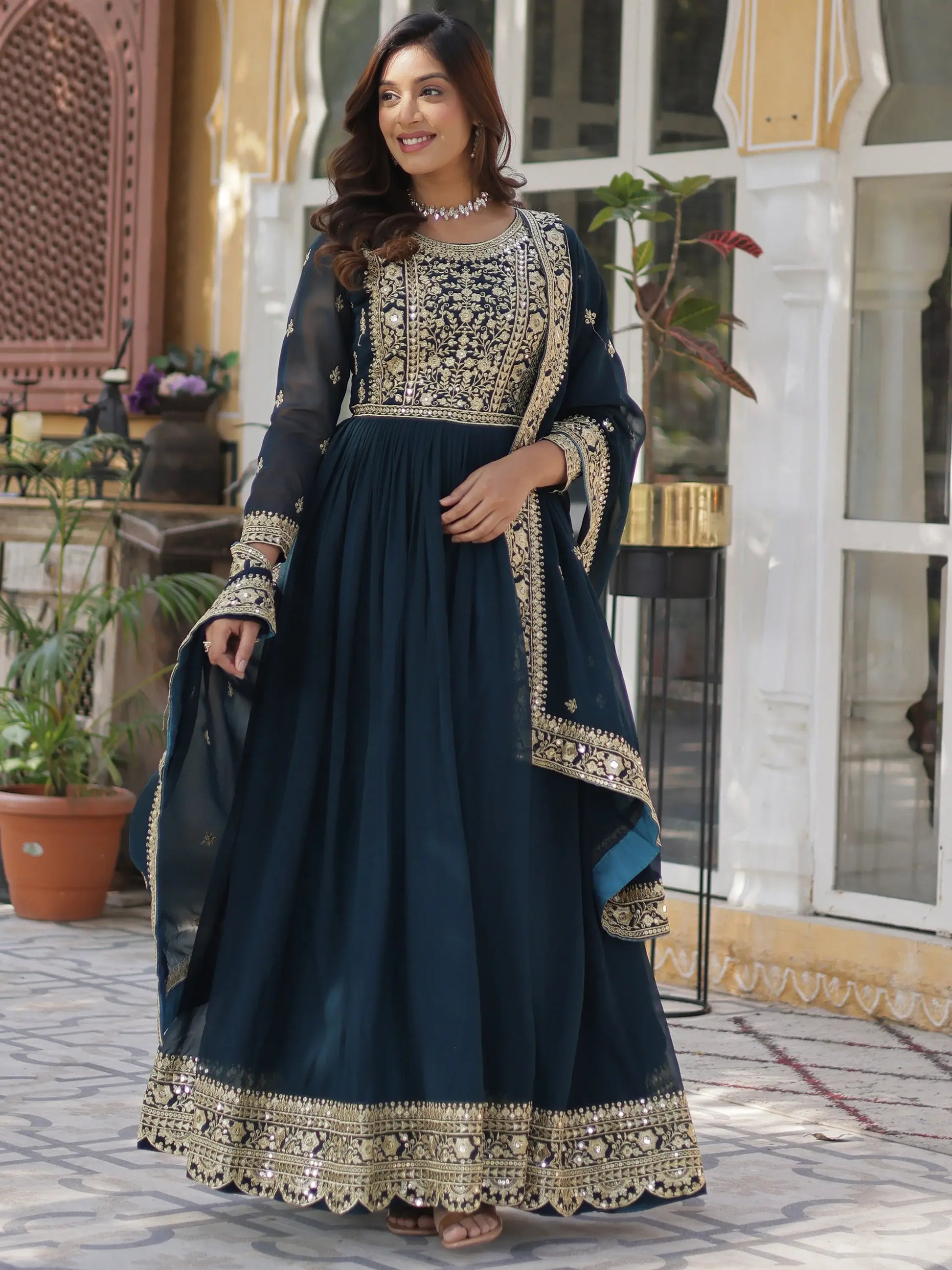 Pretty Teal Blue Zari Embroidered Georgette Gown With Dupatta - Zeel Clothing