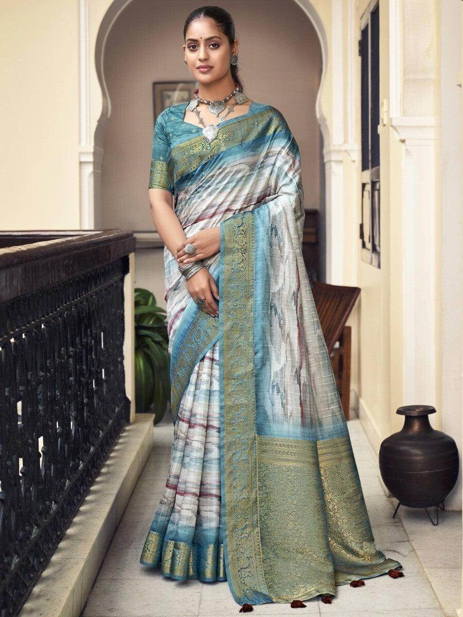 Pretty White Digital Printed Silk Events Wear Saree With Blouse - Zeel Clothing