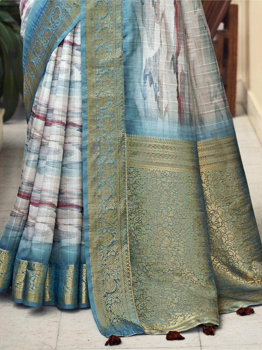 Pretty White Digital Printed Silk Events Wear Saree With Blouse - Zeel Clothing