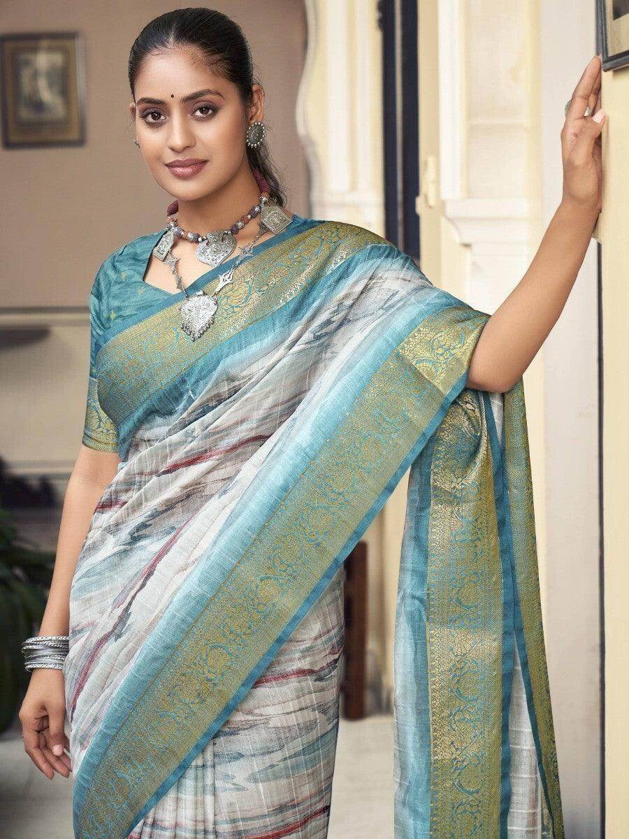 Pretty White Digital Printed Silk Events Wear Saree With Blouse - Zeel Clothing