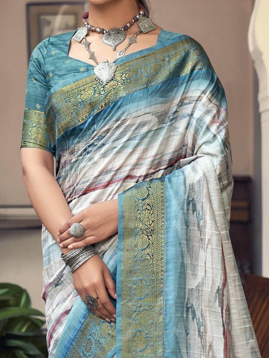 Pretty White Digital Printed Silk Events Wear Saree With Blouse - Zeel Clothing