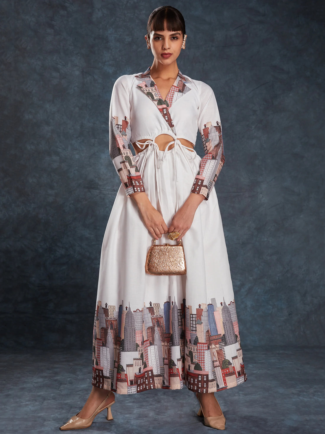 Pretty White Printed Linen Western Wear Long Dress - Zeel Clothing