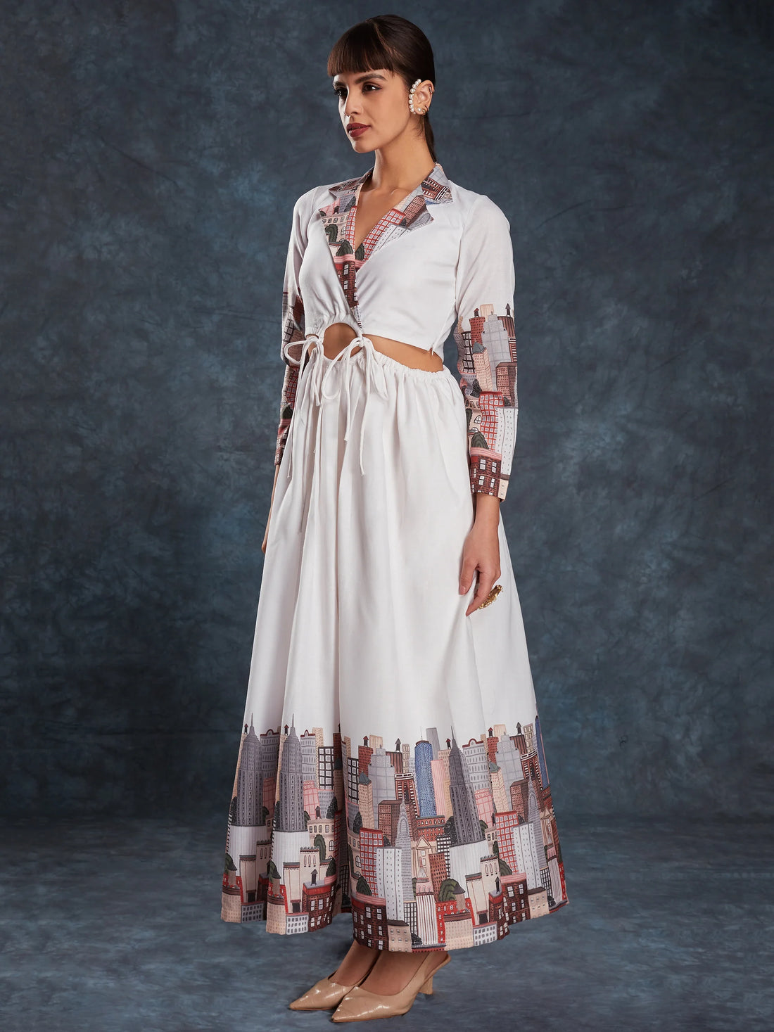 Pretty White Printed Linen Western Wear Long Dress - Zeel Clothing