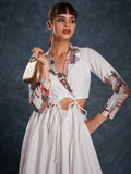 Pretty White Printed Linen Western Wear Long Dress - Zeel Clothing